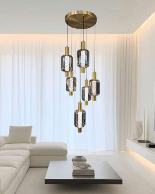 12036-6G LAMPARA DECORATIVA COBRE 6 LUCES VIDRIO HUMO 3000K